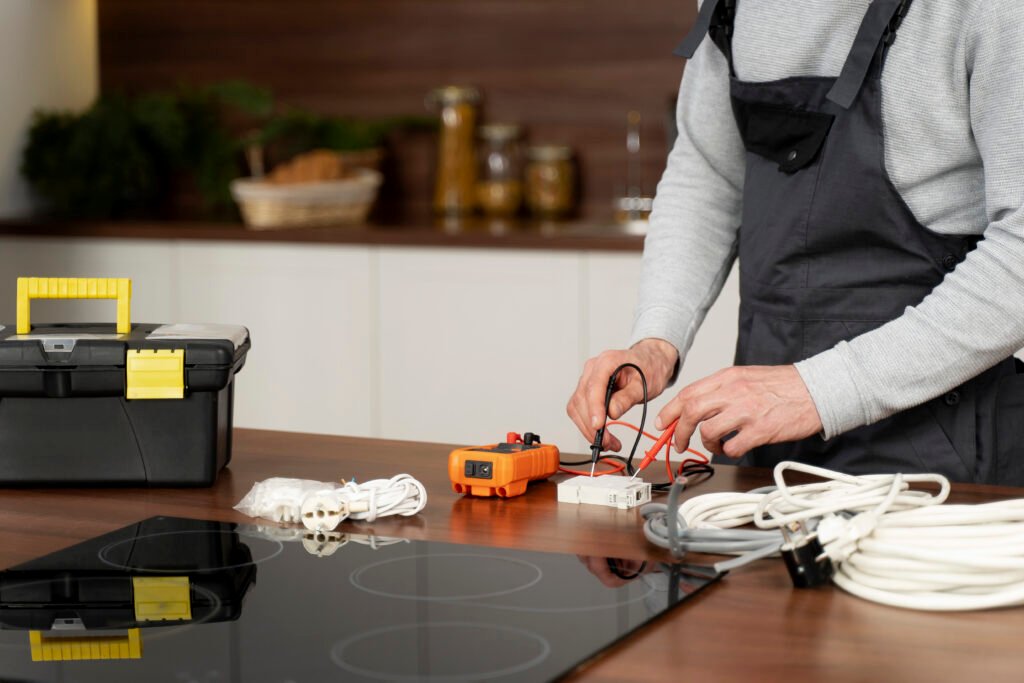 Technician testing an electric cooktop with repair tools