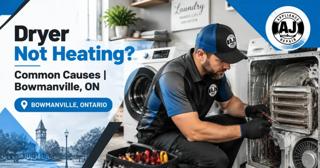 AJ Appliance Repair technician fixing a dryer heating issue in Bowmanville Ontario