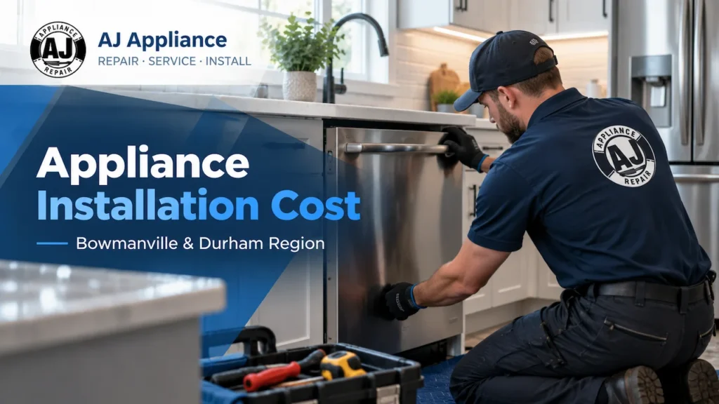 Technician installing a dishwasher in a modern kitchen with AJ Appliance Repair branding for an appliance installation cost guide in Bowmanville and Durham Region.