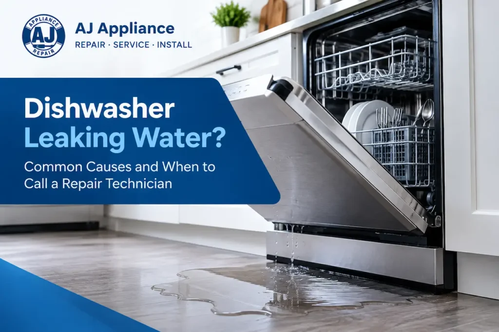 AJ Appliance Repair dishwasher leaking water from an open stainless steel dishwasher in a modern kitchen, illustrating common causes of dishwasher leaks and professional repair services.